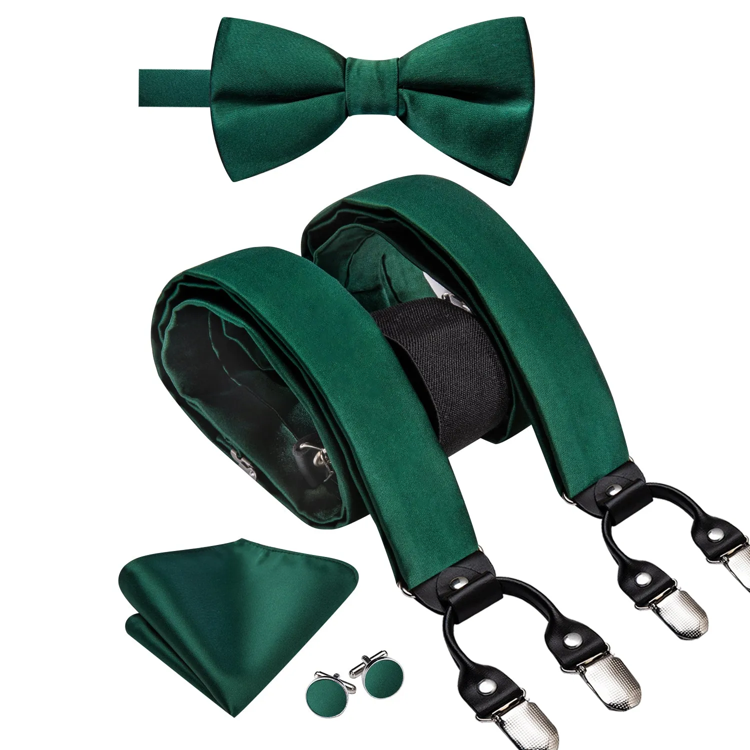 Hi-Tie Emerald Green Solid Silk Suspender Bowtie Hanky Cufflinks Set