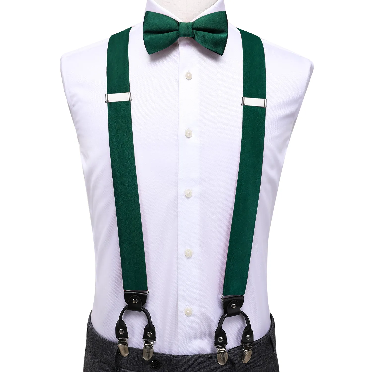 Hi-Tie Emerald Green Solid Silk Suspender Bowtie Hanky Cufflinks Set