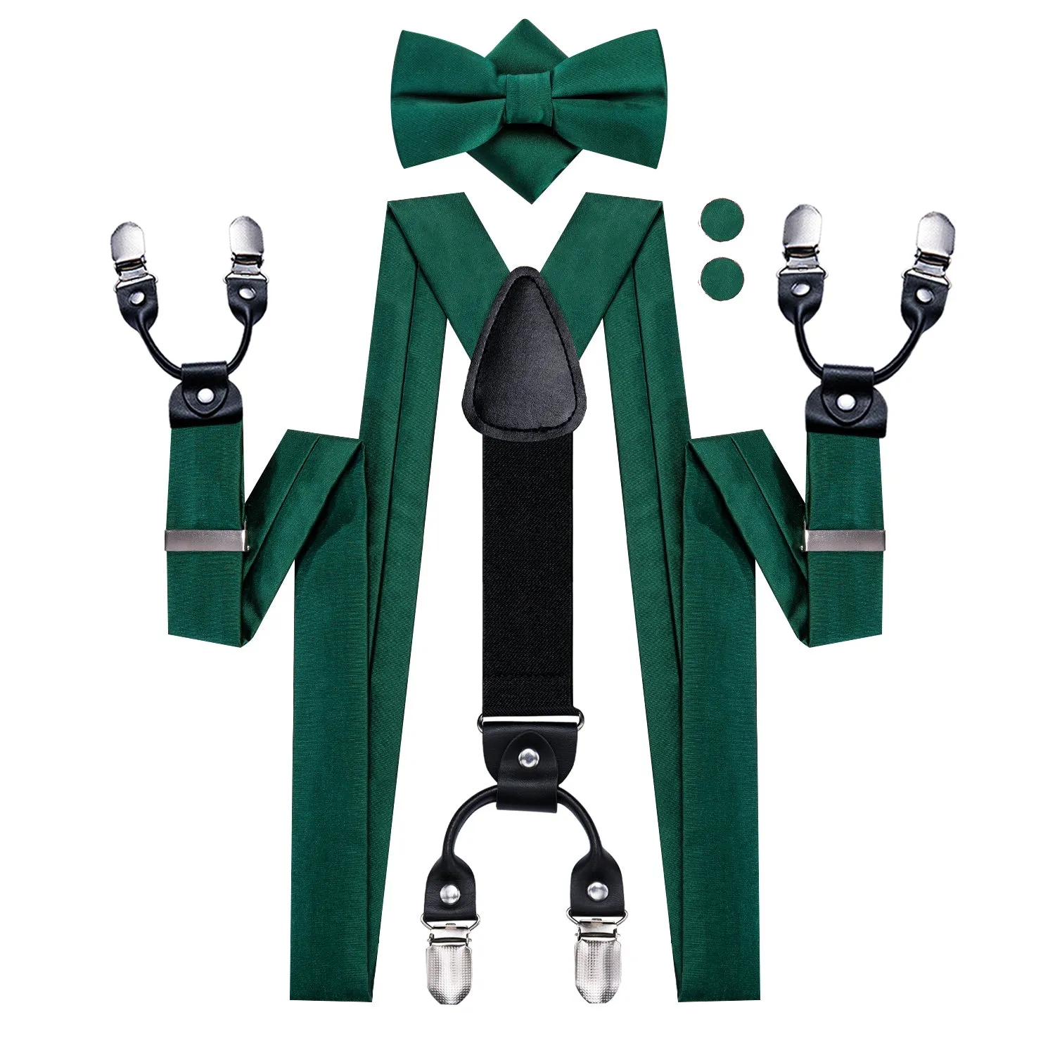 Hi-Tie Emerald Green Solid Silk Suspender Bowtie Hanky Cufflinks Set