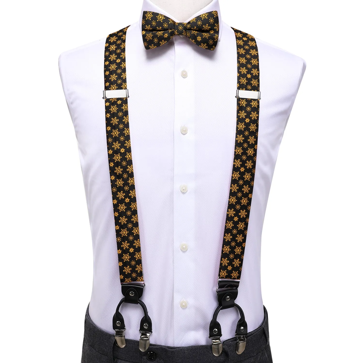 Hi-Tie Golden Plaid Mens Suspender Bowtie Hanky Cufflinks Set