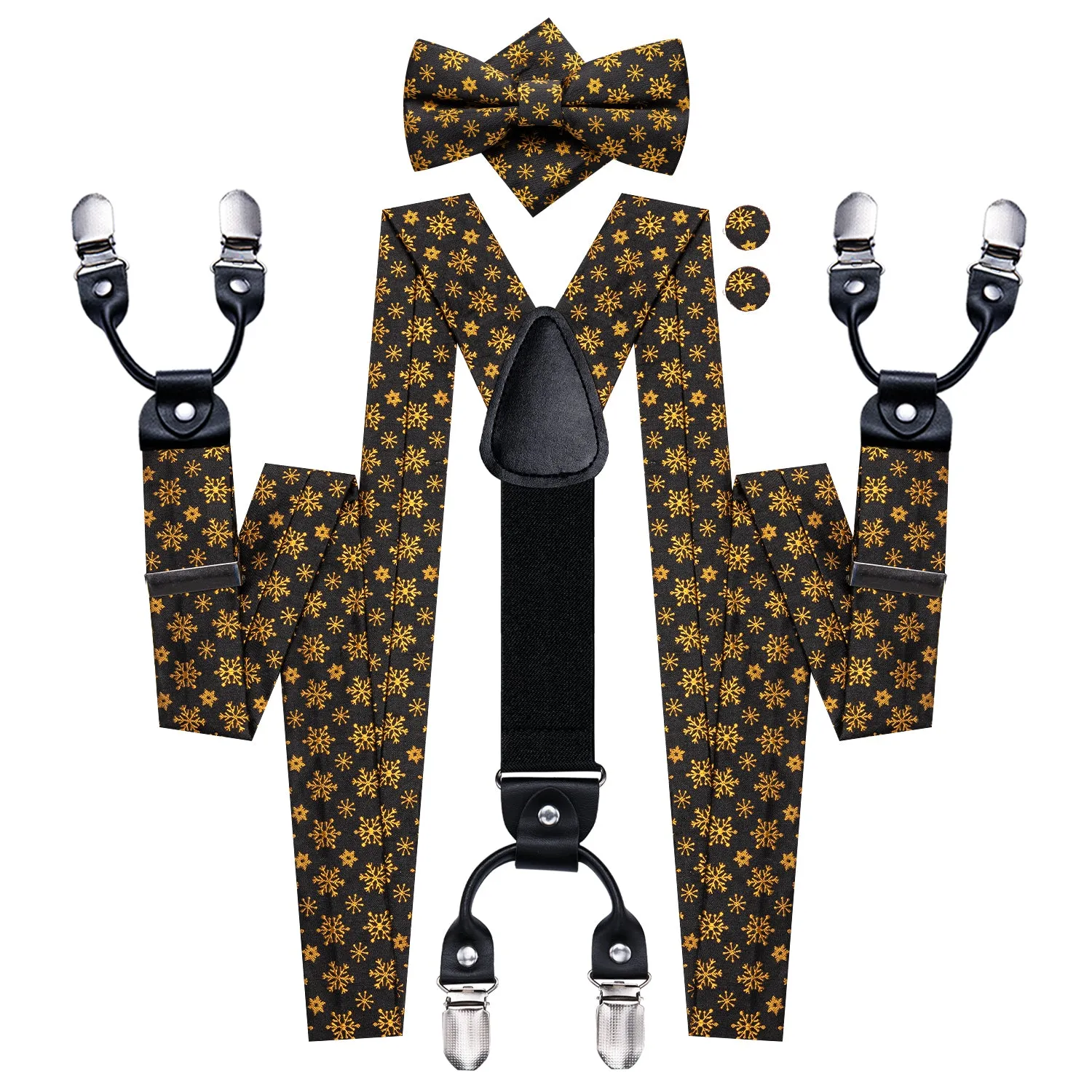 Hi-Tie Golden Plaid Mens Suspender Bowtie Hanky Cufflinks Set