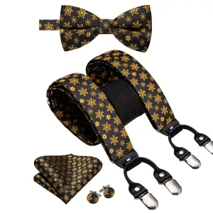 Hi-Tie Golden Plaid Mens Suspender Bowtie Hanky Cufflinks Set