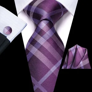 Hi-Tie Gradient Purple Tie Striped Necktie Pocket Square Cufflinks Set