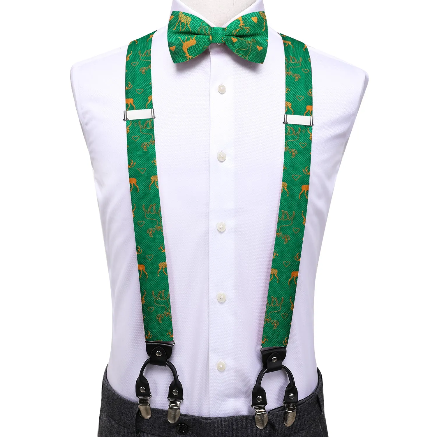 Hi-Tie Green Gold Chritsmas Deer Suspender Bowtie Hanky Cufflinks Set