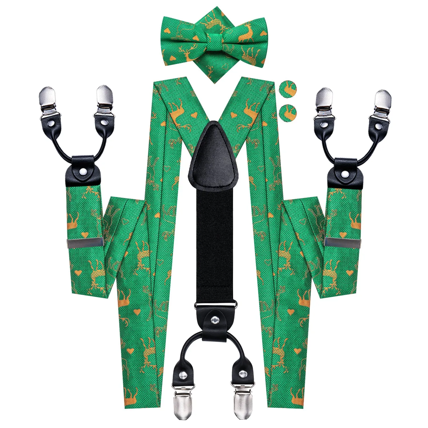 Hi-Tie Green Gold Chritsmas Deer Suspender Bowtie Hanky Cufflinks Set