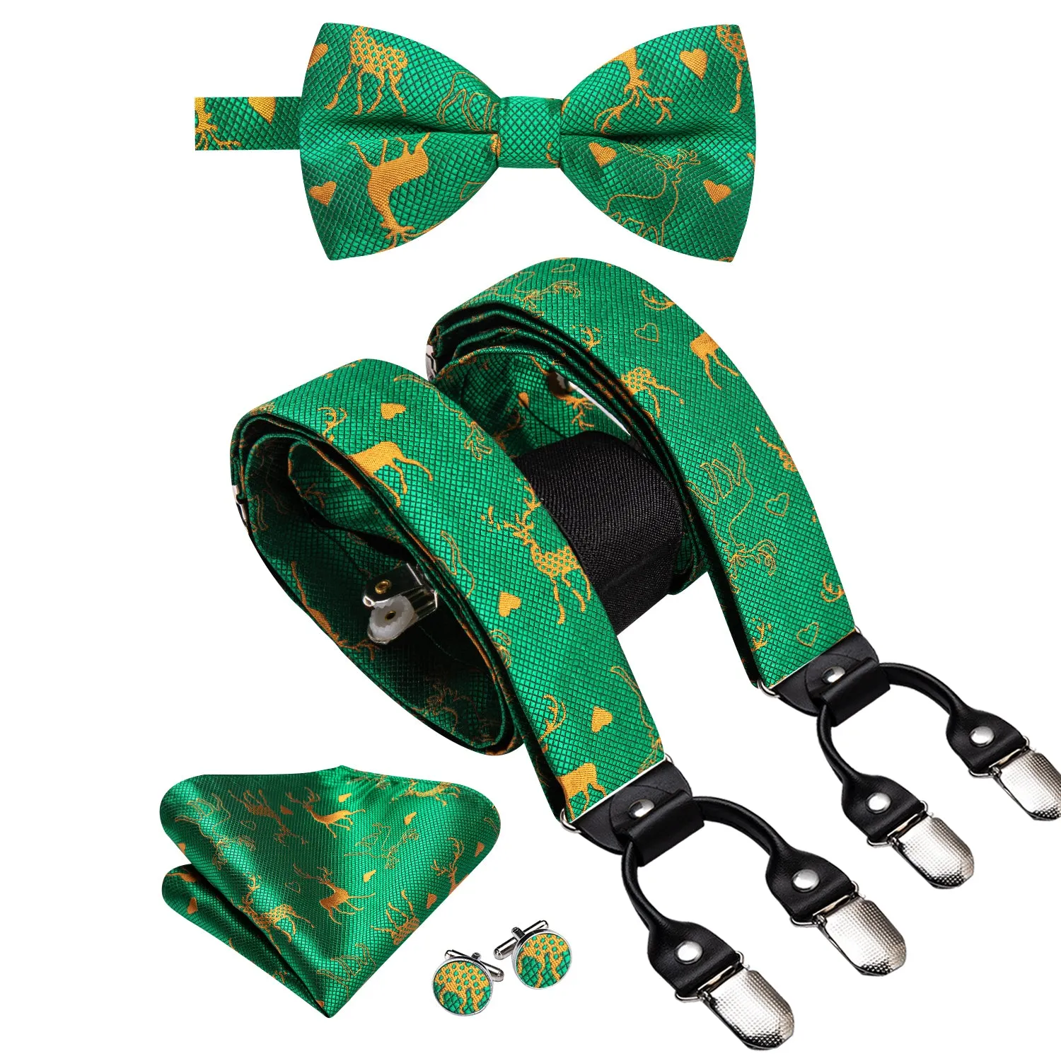 Hi-Tie Green Gold Chritsmas Deer Suspender Bowtie Hanky Cufflinks Set