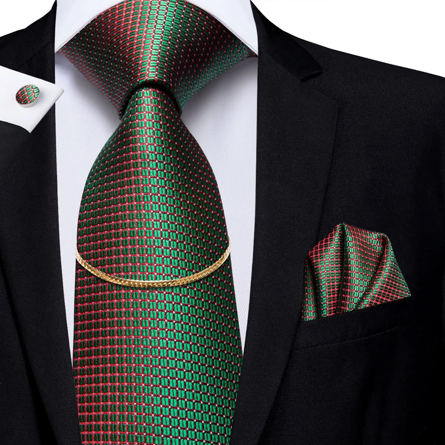 Hi-Tie Green Plaid Tie Pocket Square Cufflinks Set With Golden Chain