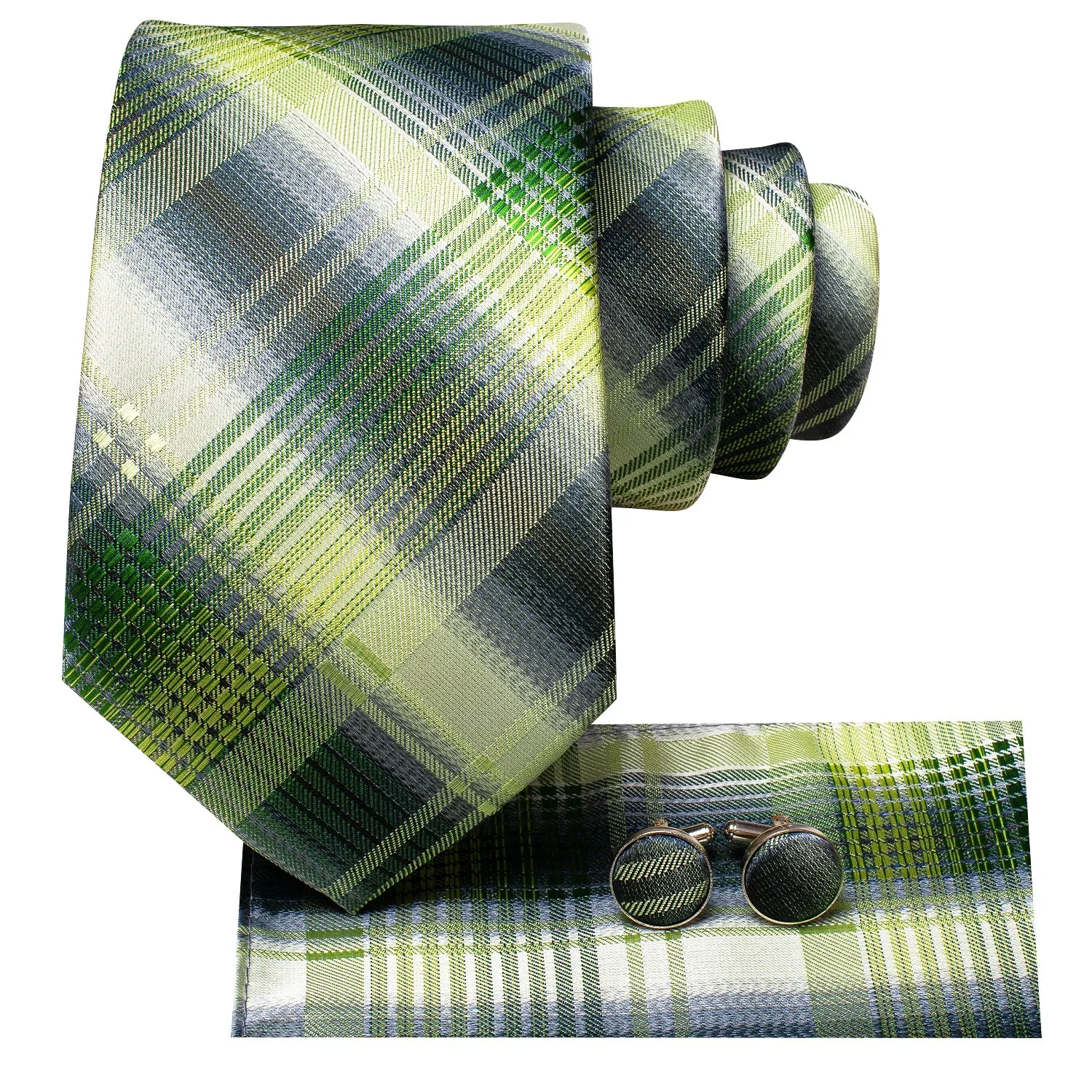 Hi-Tie Light Green Necktie Grey Stripe Tie Pocket Square Cufflinks Set