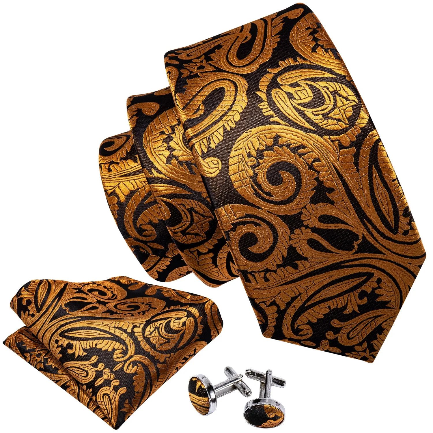 Hi-Tie Men's Necktie Gold Paisley Tie Handkerchief Cufflinks Set