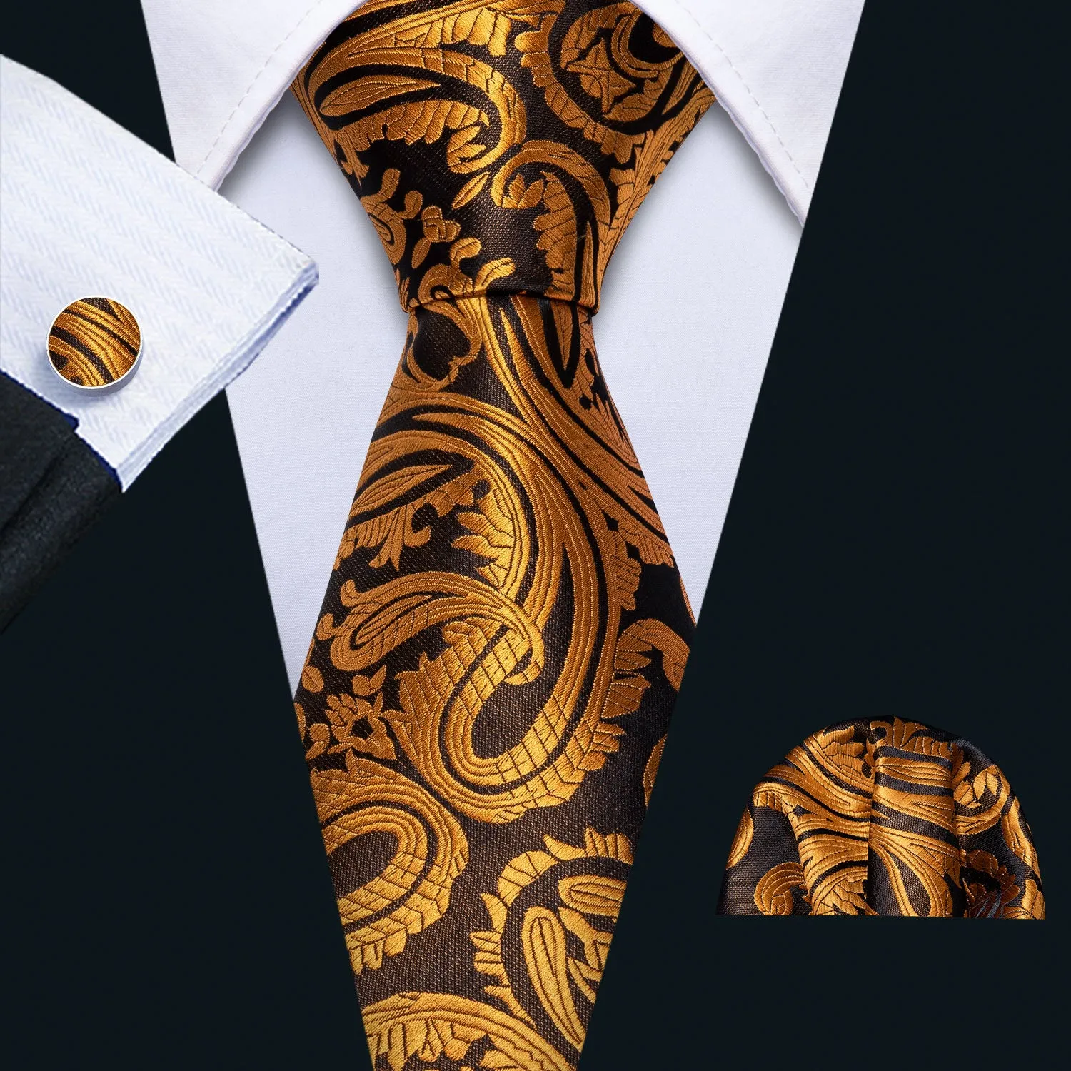 Hi-Tie Men's Necktie Gold Paisley Tie Handkerchief Cufflinks Set