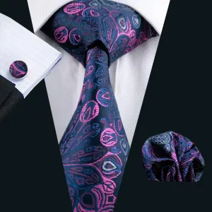 Hi-Tie Navy Blue Pink Paisley Silk Men Tie Pocket Square Cufflinks Set