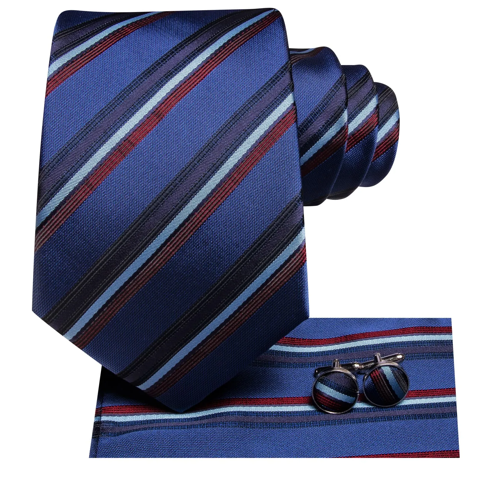 Hi-Tie Necktie Yale Blue Jacquard Red Stripes Tie Hanky Cufflinks Set