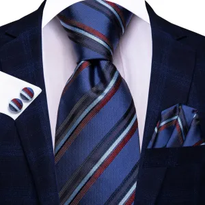 Hi-Tie Necktie Yale Blue Jacquard Red Stripes Tie Hanky Cufflinks Set