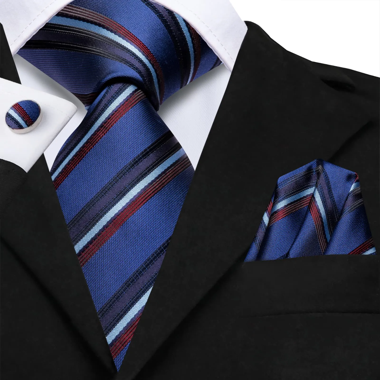 Hi-Tie Necktie Yale Blue Jacquard Red Stripes Tie Hanky Cufflinks Set