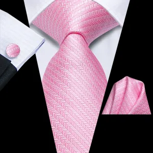 Hi-Tie Pink Striped Men's Silk Necktie Pocket Square Cufflinks Set