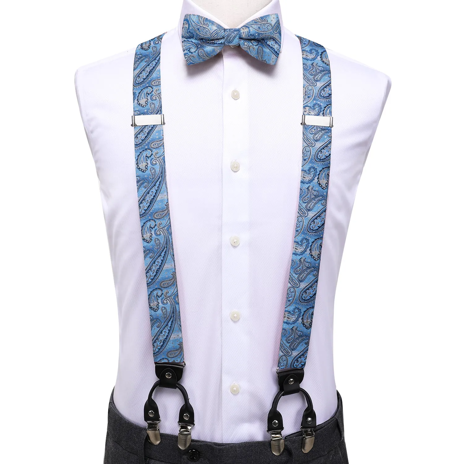 Hi-Tie Sky Blue Mens Silk Paisley Suspender Bowtie Hanky Cufflinks Set