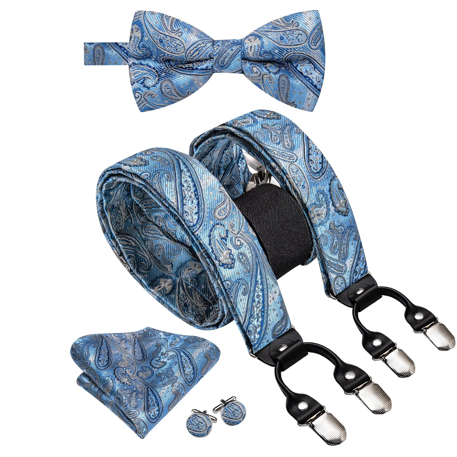 Hi-Tie Sky Blue Mens Silk Paisley Suspender Bowtie Hanky Cufflinks Set