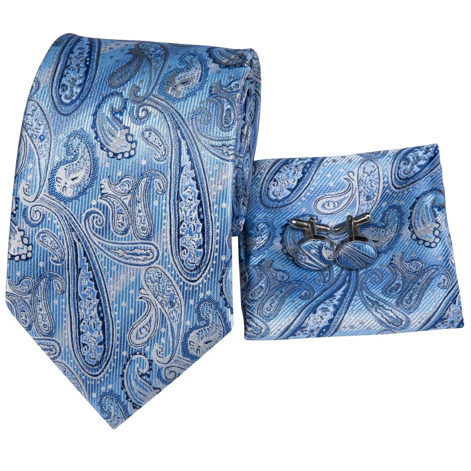 Hi-Tie Sky Blue Paisley 63 Inches Necktie Pocket Square Cufflinks Set