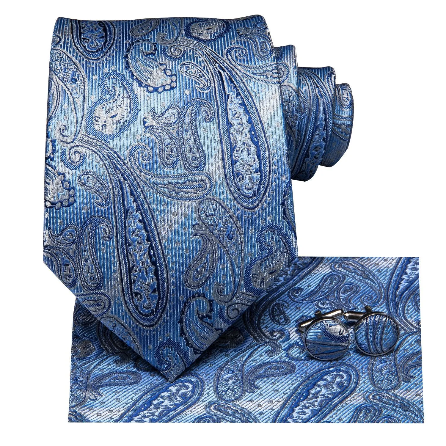 Hi-Tie Sky Blue Paisley 63 Inches Necktie Pocket Square Cufflinks Set