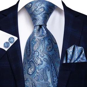 Hi-Tie Sky Blue Paisley 63 Inches Necktie Pocket Square Cufflinks Set