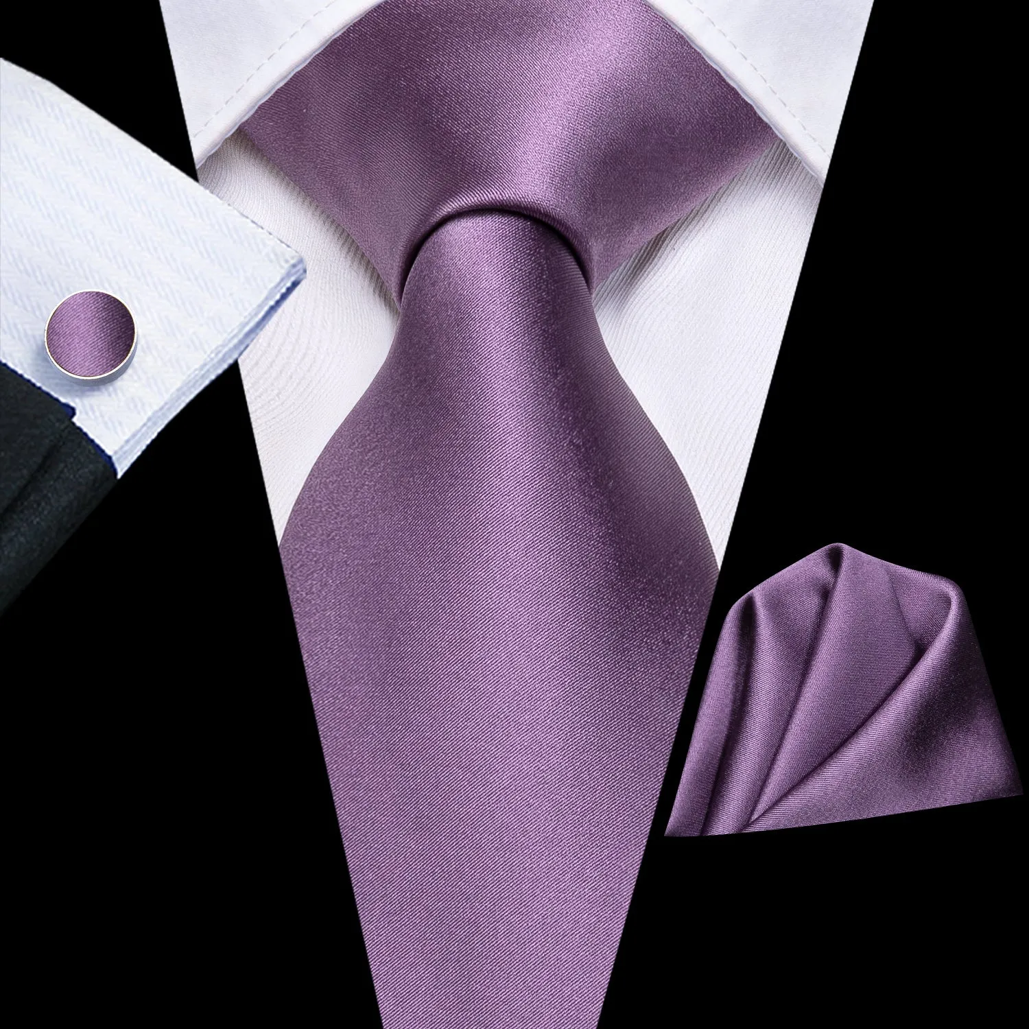 Hi-Tie Solid Purple Necktie Wedding Tie Pocket Square Cufflinks Set