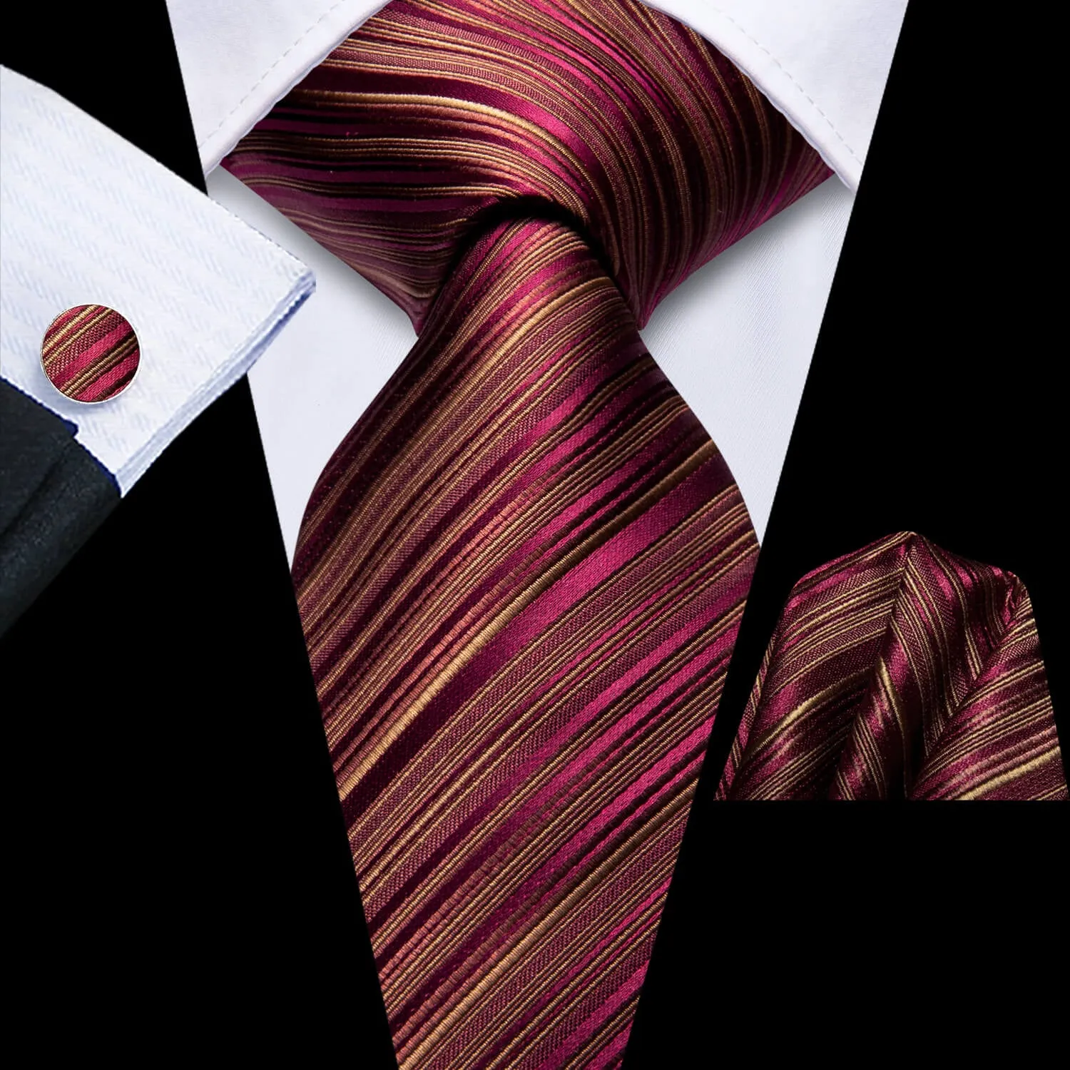 Hi-Tie Striped Wine Red Tie with Pocket Square and Cufflinks