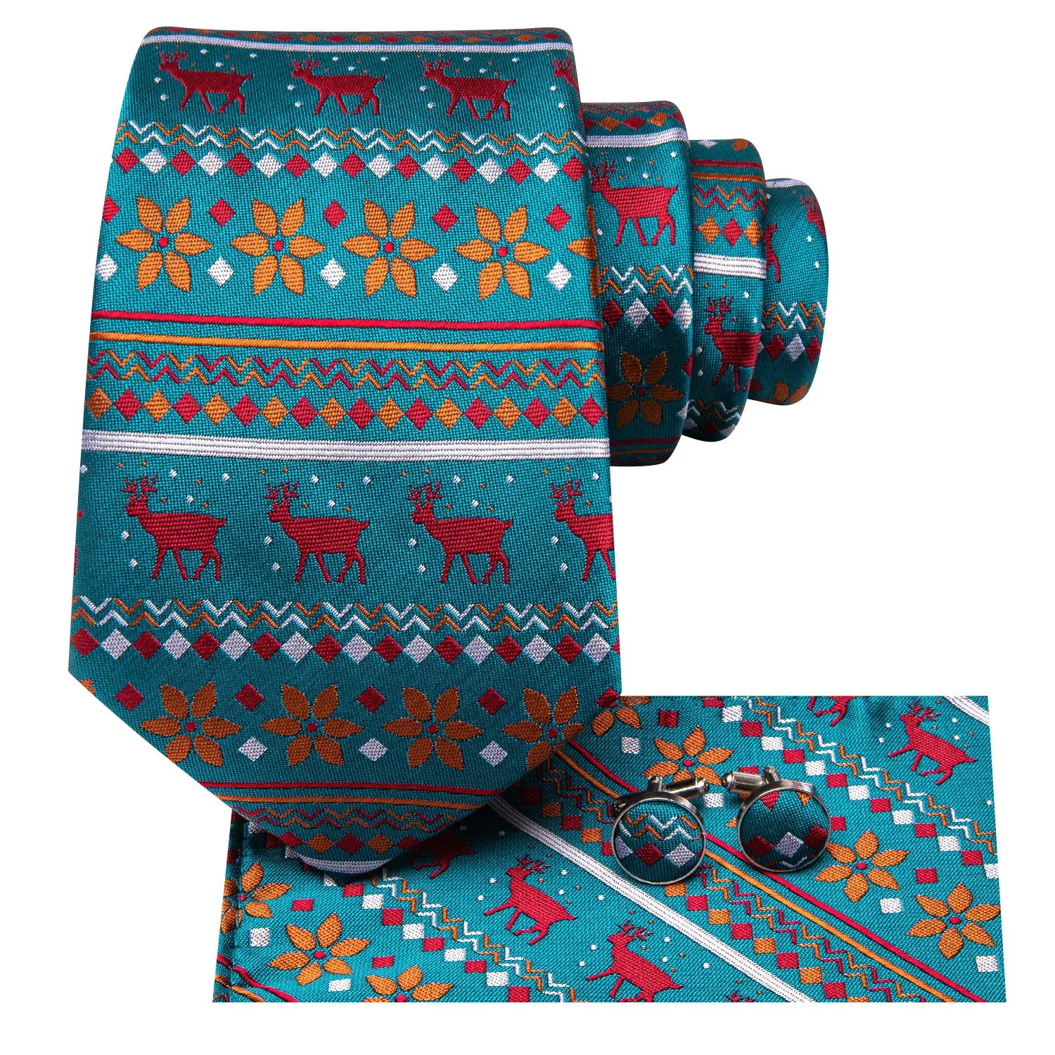 Hi-Tie Teal Festival Necktie Red Orange Pattern Xmas Dinner Tie Set