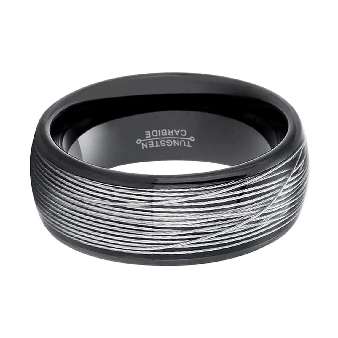 HURRICANE | Black Tungsten Ring, Silver Rolled Wire, Domed