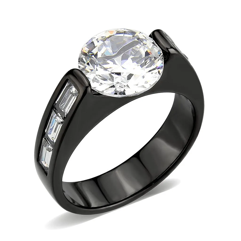 IP Black (Ion Plating) Stainless Steel Ring with AAA Grade CZ in Clear for Women Style TK3781