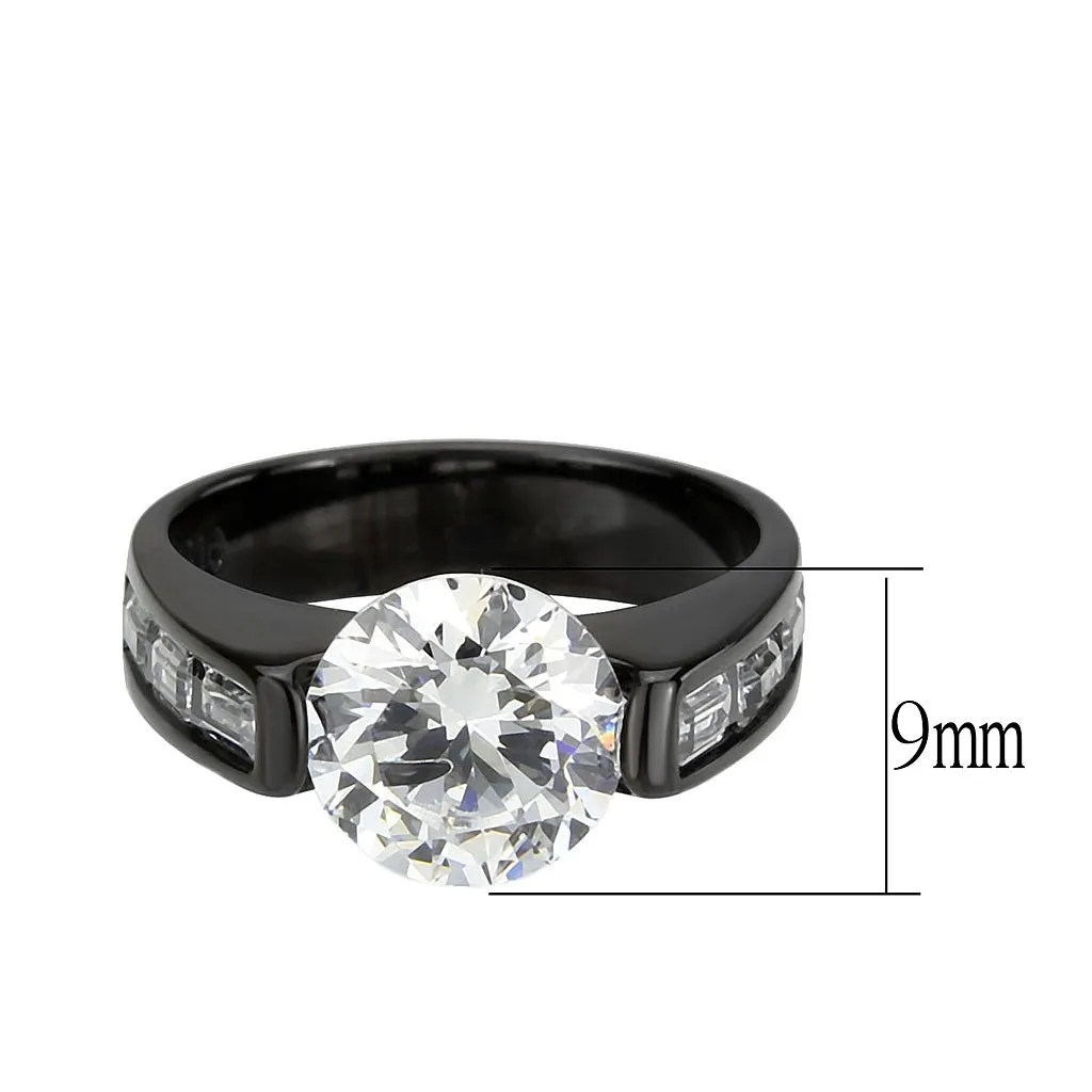 IP Black (Ion Plating) Stainless Steel Ring with AAA Grade CZ in Clear for Women Style TK3781