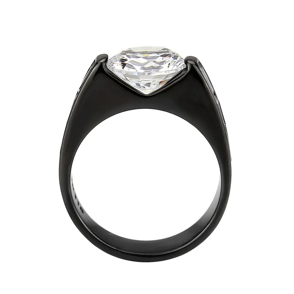 IP Black (Ion Plating) Stainless Steel Ring with AAA Grade CZ in Clear for Women Style TK3781