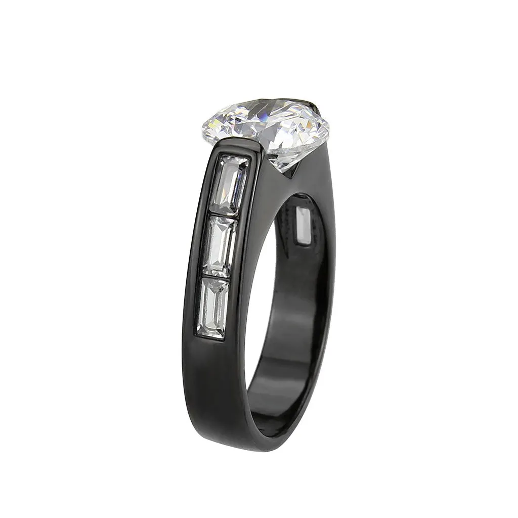 IP Black (Ion Plating) Stainless Steel Ring with AAA Grade CZ in Clear for Women Style TK3781