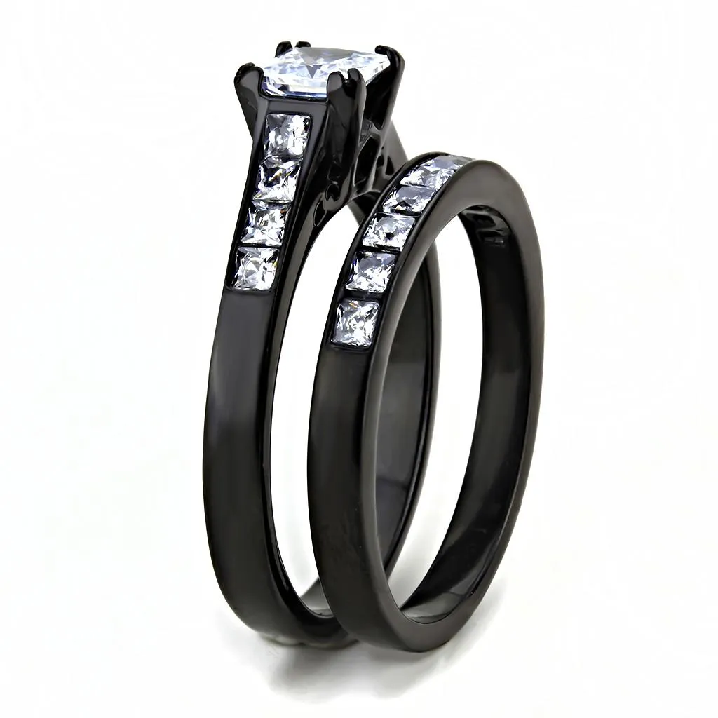 IP Black(Ion Plating) Stainless Steel Ring with AAA Grade CZ in Clear for Women Style TK3555