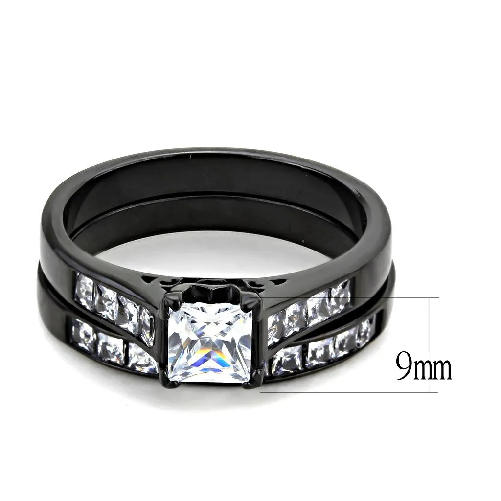 IP Black(Ion Plating) Stainless Steel Ring with AAA Grade CZ in Clear for Women Style TK3555