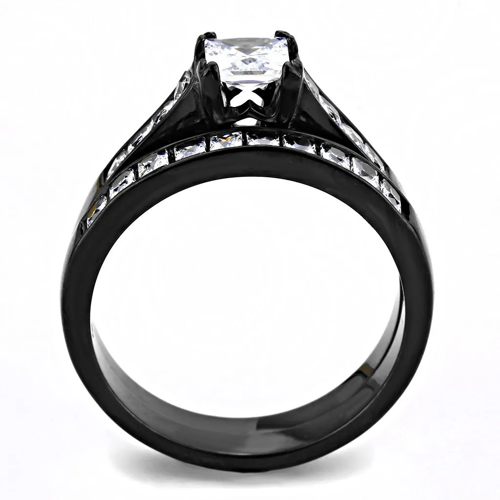 IP Black(Ion Plating) Stainless Steel Ring with AAA Grade CZ in Clear for Women Style TK3555