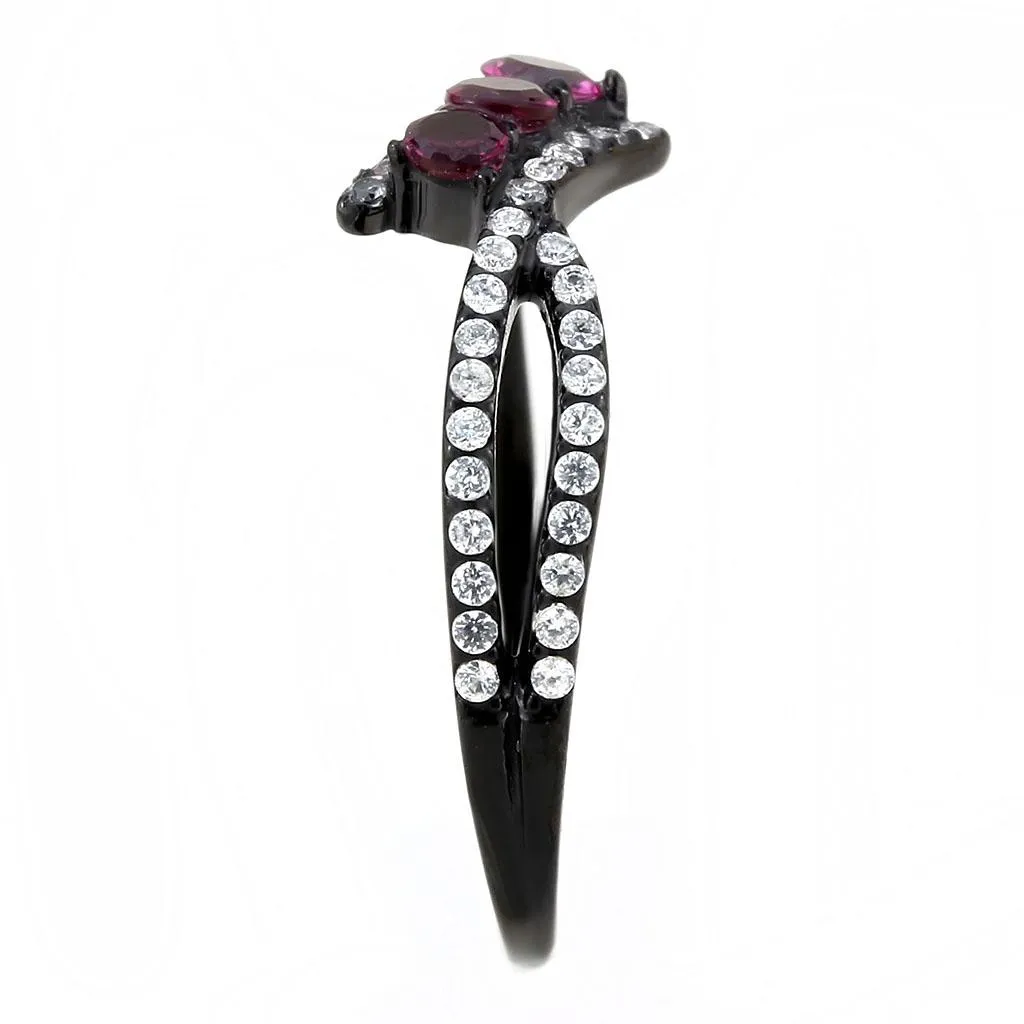 IP Black(Ion Plating) Stainless Steel Ring with AAA Grade CZ in Fuchsia for Women Style DA324