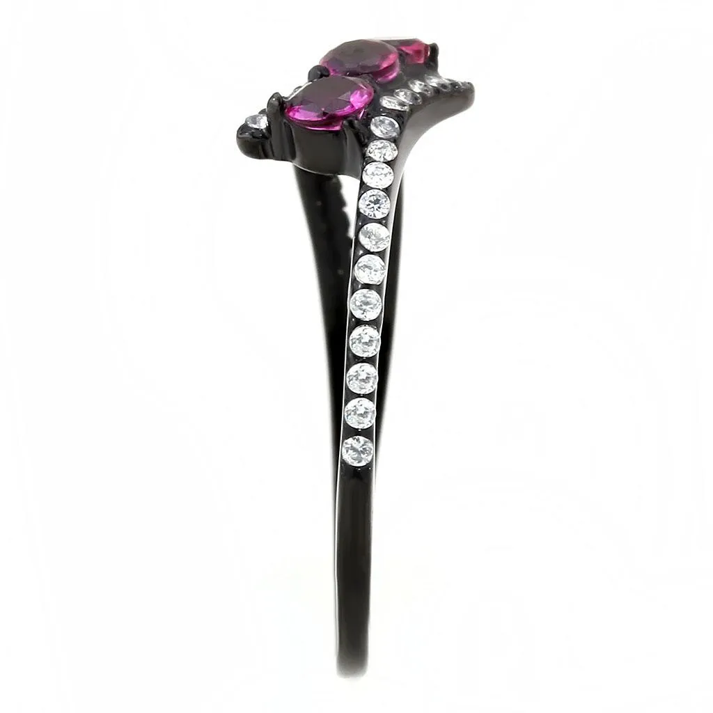 IP Black(Ion Plating) Stainless Steel Ring with AAA Grade CZ in Fuchsia for Women Style DA324