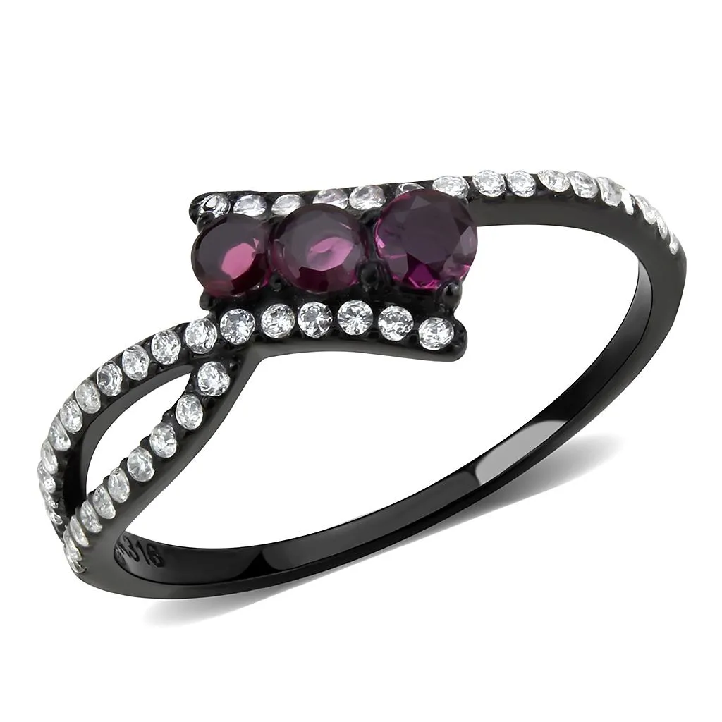 IP Black(Ion Plating) Stainless Steel Ring with AAA Grade CZ in Fuchsia for Women Style DA324