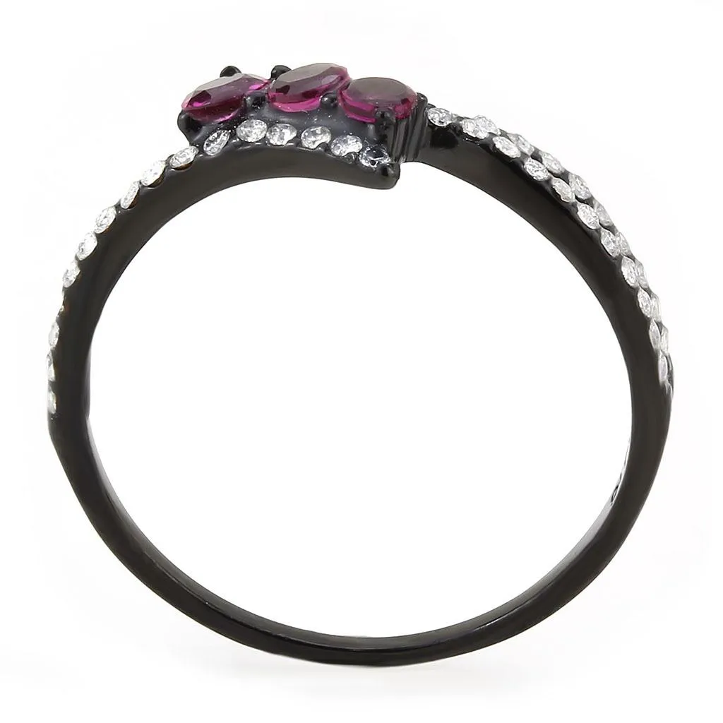 IP Black(Ion Plating) Stainless Steel Ring with AAA Grade CZ in Fuchsia for Women Style DA324