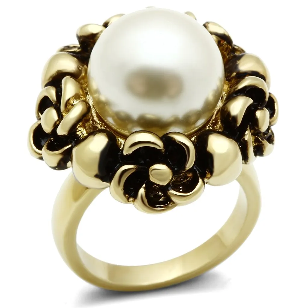 IP Gold(Ion Plating) Brass Ring with Synthetic Pearl in White for Women Style GL308