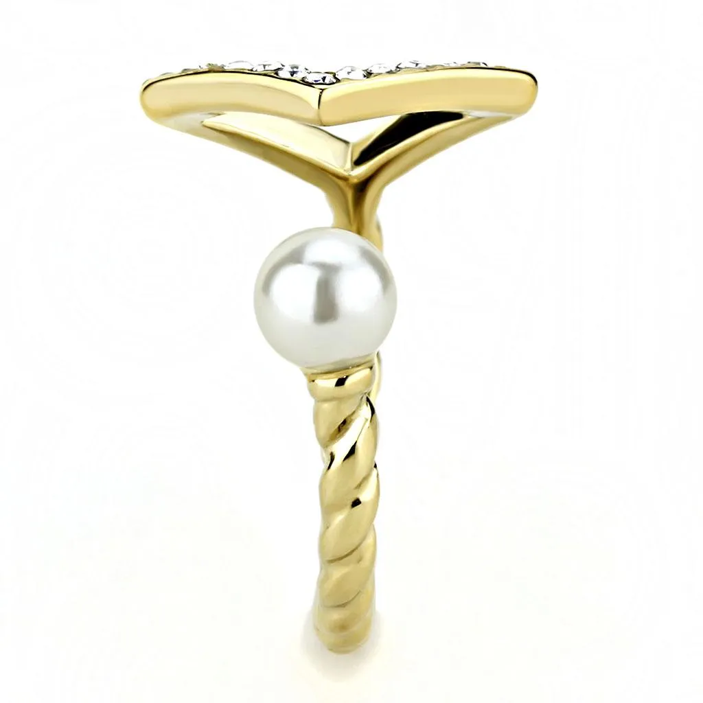 IP Gold(Ion Plating) Stainless Steel Ring with Synthetic Pearl in White for Women Style TK3523