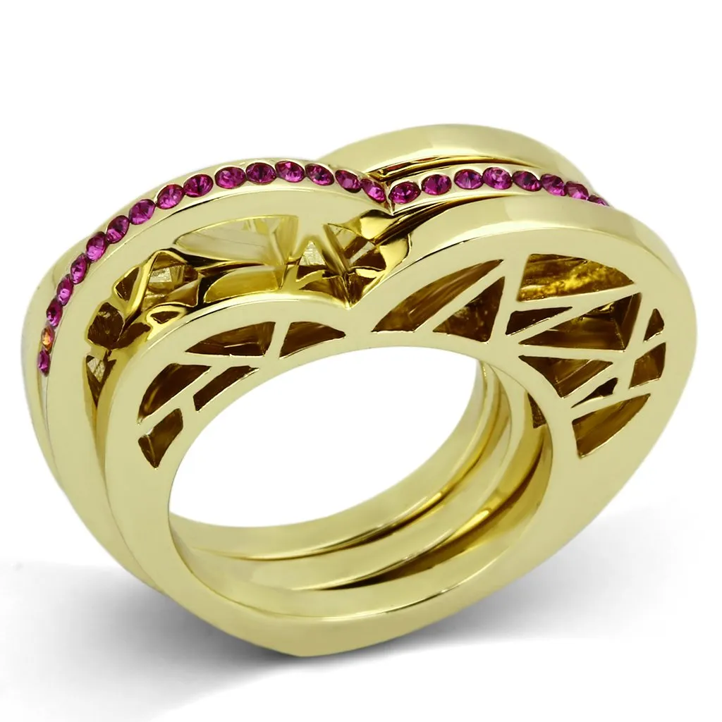 IP Gold(Ion Plating) Stainless Steel Ring with Top Grade Crystal in Fuchsia for Women Style TK863