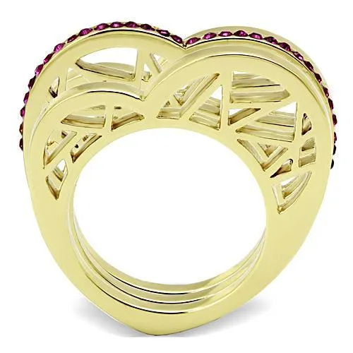 IP Gold(Ion Plating) Stainless Steel Ring with Top Grade Crystal in Fuchsia for Women Style TK863