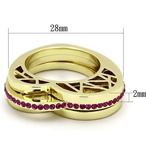 IP Gold(Ion Plating) Stainless Steel Ring with Top Grade Crystal in Fuchsia for Women Style TK863