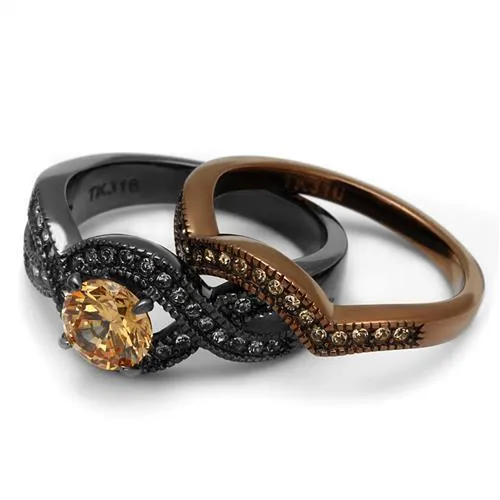 IP Light Black & IP Light coffee Stainless Steel Ring with AAA Grade CZ in Champagne for Women Style TK2957