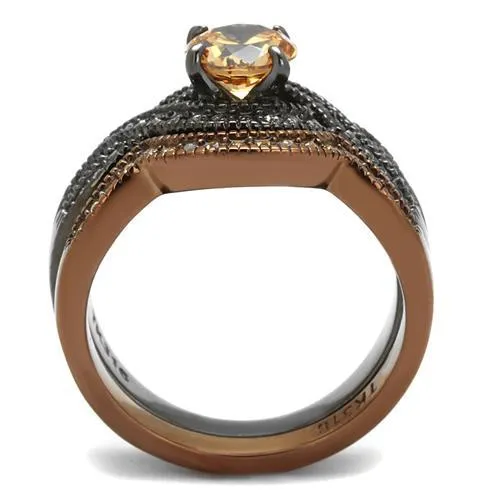 IP Light Black & IP Light coffee Stainless Steel Ring with AAA Grade CZ in Champagne for Women Style TK2957