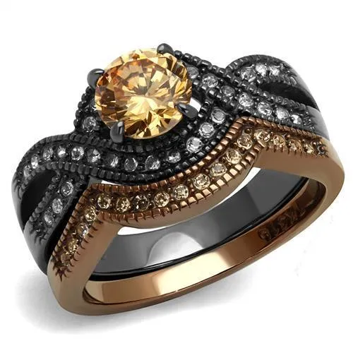 IP Light Black & IP Light coffee Stainless Steel Ring with AAA Grade CZ in Champagne for Women Style TK2957