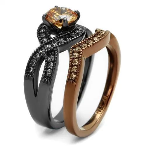 IP Light Black & IP Light coffee Stainless Steel Ring with AAA Grade CZ in Champagne for Women Style TK2957