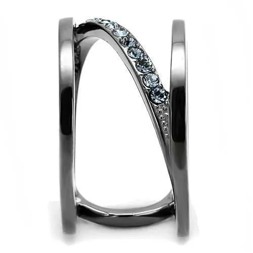 IP Light Black (IP Gun) Stainless Steel Ring with Top Grade Crystal in Capri Blue for Women Style TK3038