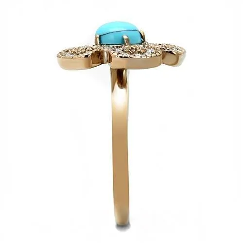 IP Rose Gold(Ion Plating) Stainless Steel Ring with Synthetic Turquoise in Sea Blue for Women Style TK3201